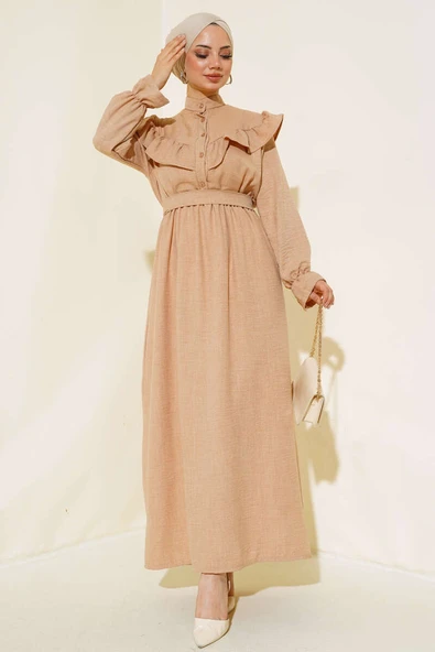 Omuz Fırfırlı Keten Elbise Latte ürün görseli 1