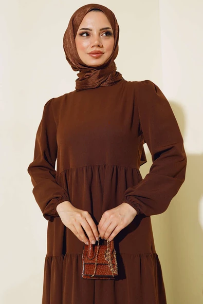 Dabıl Kat Kat Düz Elbise Kahve - Resim 2