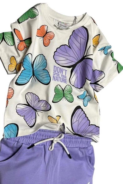 Kız Çocuk Kelebek Desenli Kısa Kollu Mor Şortlu Takım - Resim 3