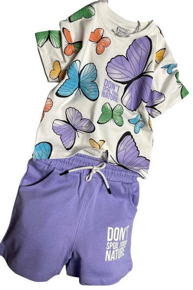 Kız Çocuk Kelebek Desenli Kısa Kollu Mor Şortlu Takım - Resim 2