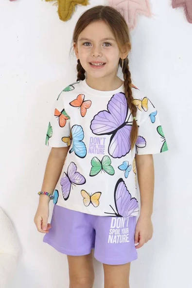 Kız Çocuk Kelebek Desenli Kısa Kollu Mor Şortlu Takım ürün görseli