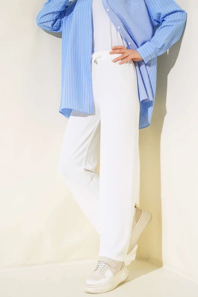 Ayrobin Bel Lastikli Pantolon Ekru - Resim 2