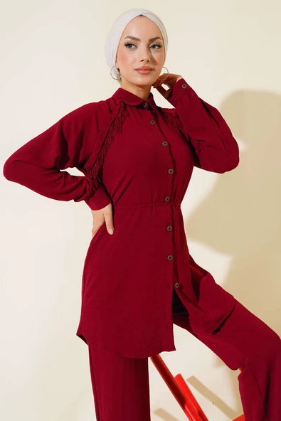 Önü Püskül Detaylı İkili Takım Bordo - Resim 2