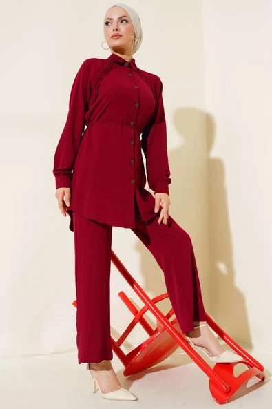 Önü Püskül Detaylı İkili Takım Bordo ürün görseli 1