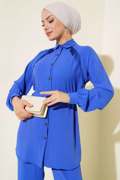 Önü Püskül Detaylı İkili Takım Mavi - Resim 2