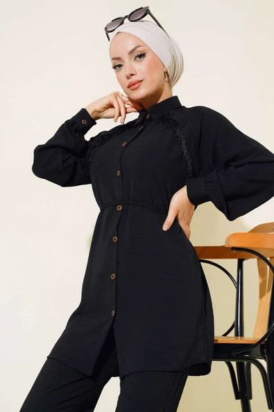 Önü Püskül Detaylı İkili Takım Siyah - Resim 2