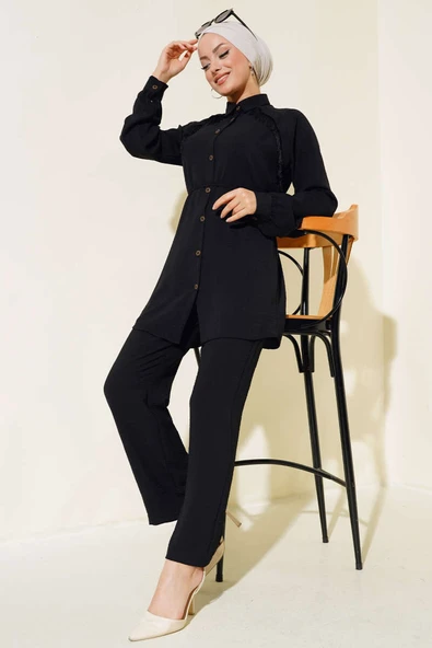 Önü Püskül Detaylı İkili Takım Siyah ürün görseli 1