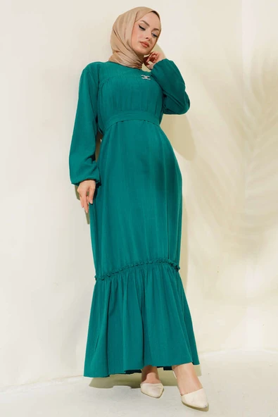 Bilekleri Lastikli Kuşaklı Elbise Zümrüt Yeşili - Resim 2