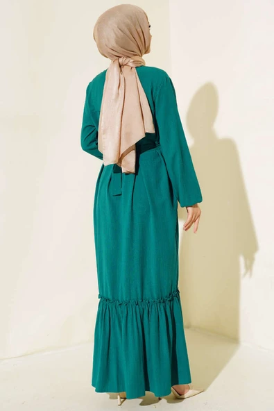 Bilekleri Lastikli Kuşaklı Elbise Zümrüt Yeşili - Resim 3