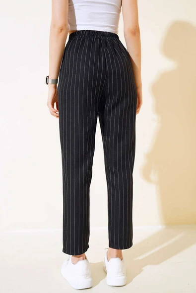 Çizgili Bel Tünelli Pantolon Siyah - Resim 3