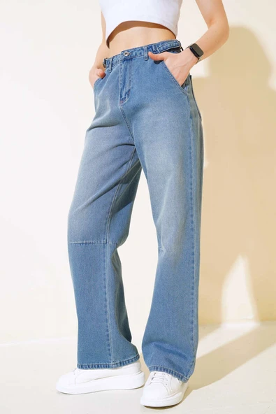 Baggy Yan Tokalı Kot Pantolon Açık Mavi - Resim 2