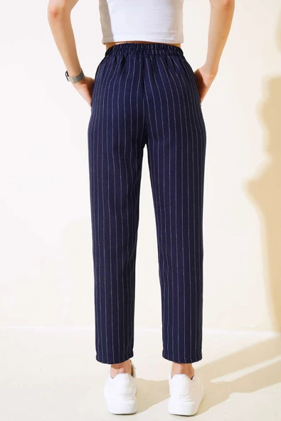 Çizgili Bel Tünelli Pantolon Lacivert - Resim 3