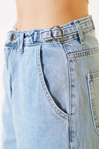 Baggy Yan Tokalı Kot Pantolon Kar Yıkama - Resim 4