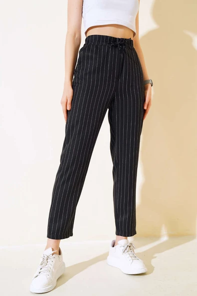 Çizgili Bel Tünelli Pantolon Siyah ürün görseli 1