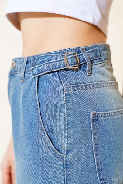 Baggy Yan Tokalı Kot Pantolon Açık Mavi - Resim 4