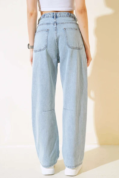 Baggy Yan Tokalı Kot Pantolon Kar Yıkama - Resim 3