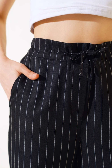 Çizgili Bel Tünelli Pantolon Siyah - Resim 4