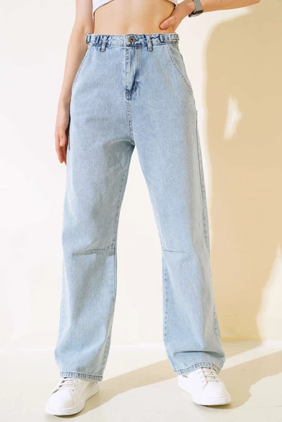 Baggy Yan Tokalı Kot Pantolon Kar Yıkama - Resim 2