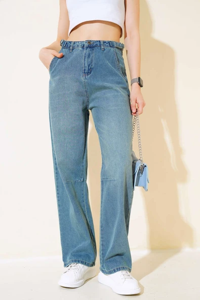 Baggy Yan Tokalı Kot Pantolon Yeşil Tint ürün görseli 1