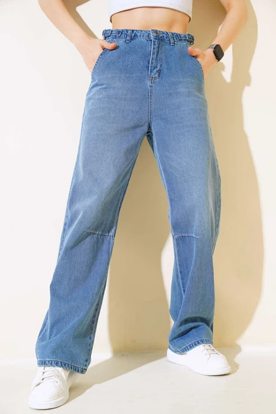 Baggy Yan Tokalı Kot Pantolon Orta Mavi ürün görseli 1
