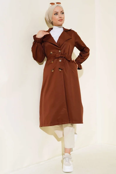 Bilekleri Lastikli Kuşaklı Trençkot Kestane ürün görseli 1