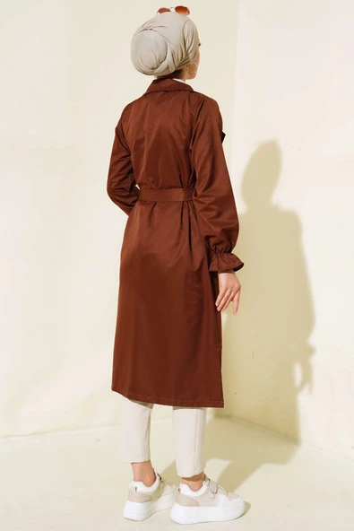 Bilekleri Lastikli Kuşaklı Trençkot Kestane - Resim 3