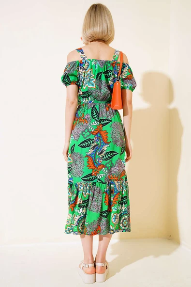 Eteği Volanlı Askılı Elbise Yeşil - Resim 3