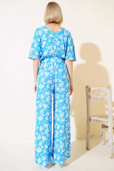 Desenli Önü Bağlamalı Crop İkili Takım Mavi - Resim 3