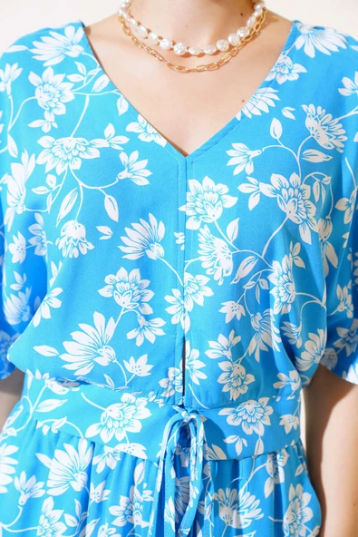 Desenli Önü Bağlamalı Crop İkili Takım Mavi - Resim 4