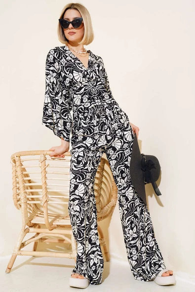 Desenli V Yaka Crop İkili Takım Siyah ürün görseli 1