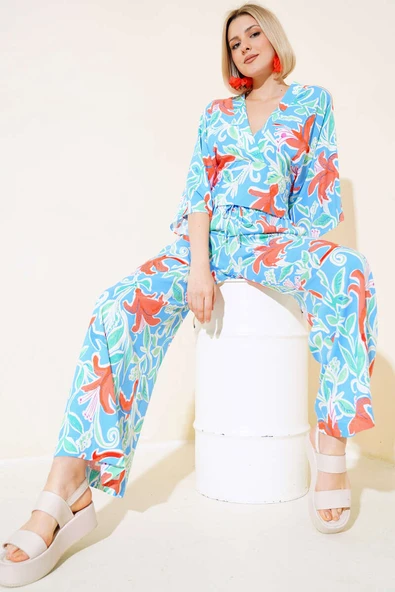 Desenli Salaş Crop İkili Takım Mavi ürün görseli 1