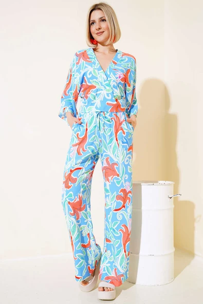 Desenli Salaş Crop İkili Takım Mavi - Resim 2