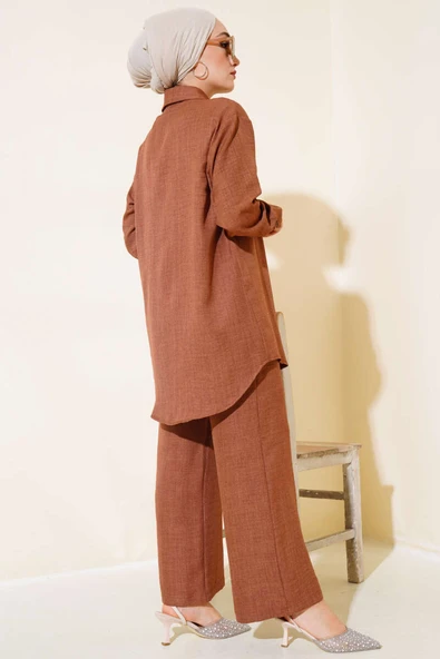 Önü Taş Detaylı Tunik İkili Takım Kahve - Resim 3