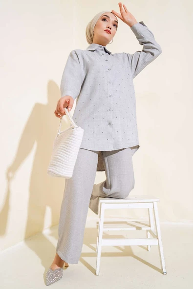 Önü Taş Detaylı Tunik İkili Takım Gri ürün görseli 1