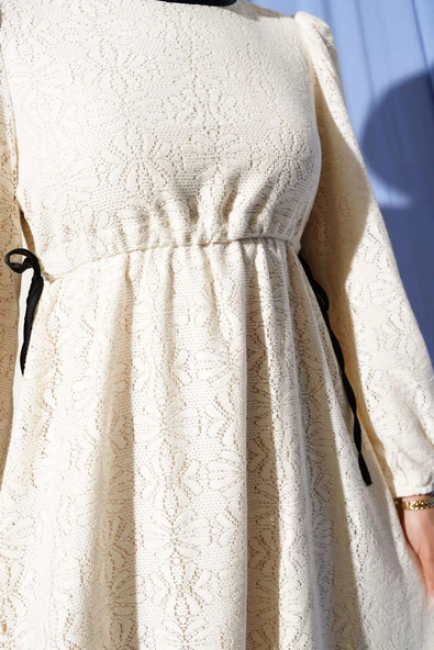 Bel Tünelli Dantel Elbise Krem - 4