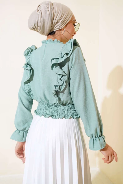 Bel Gipeli Fırfırlı Bluz Çağla Yeşili - Resim 3