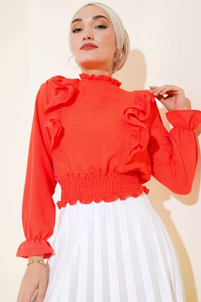Bel Gipeli Fırfırlı Bluz Alizarin - Resim 2