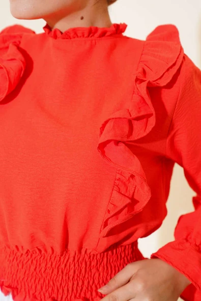 Bel Gipeli Fırfırlı Bluz Alizarin - Resim 4