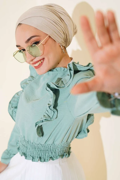 Bel Gipeli Fırfırlı Bluz Çağla Yeşili - Resim 2