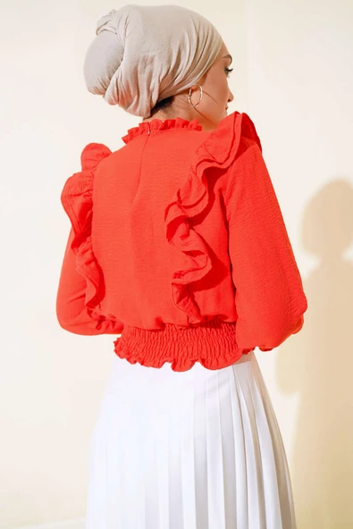 Bel Gipeli Fırfırlı Bluz Alizarin - Resim 3