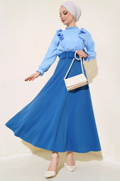 Kloş Kalın Kemerli Etek İndigo - Resim 2