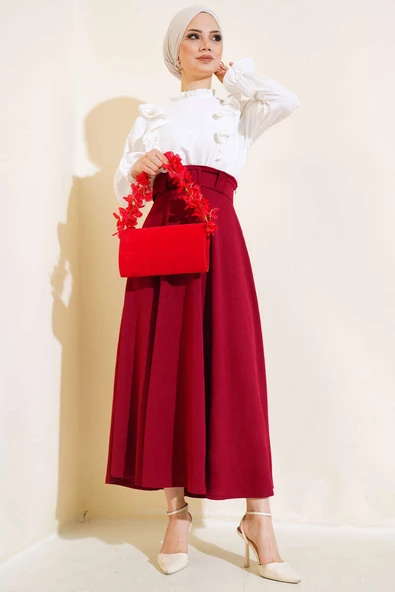 Kloş Kalın Kemerli Etek Bordo - Resim 2