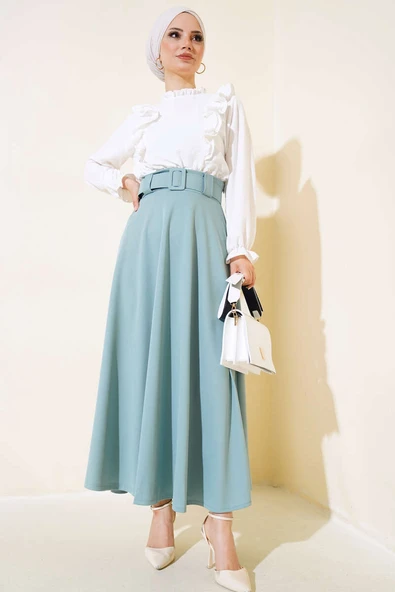 Kloş Kalın Kemerli Etek Mint - Resim 2
