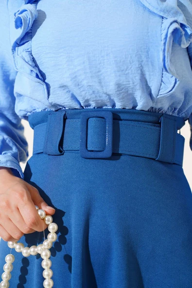 Kloş Kalın Kemerli Etek İndigo - Resim 4