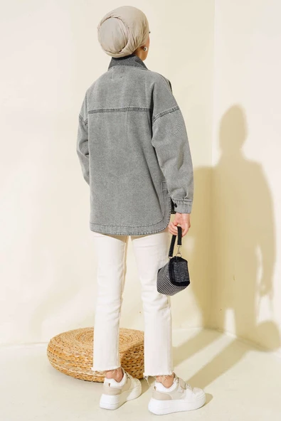 Cep ve Yaka Taş Detaylı Kot Ceket Gri - Resim 3