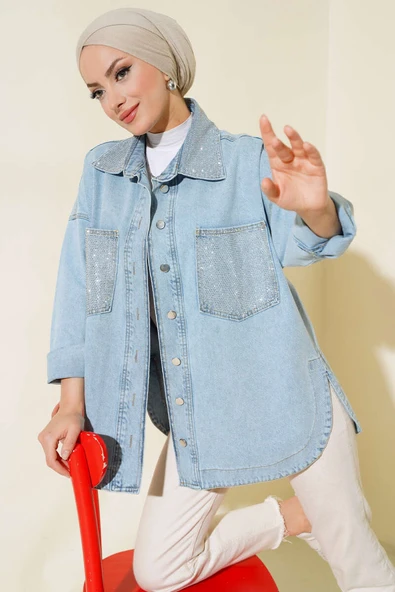 Cep ve Yaka Taş Detaylı Kot Ceket Mavi ürün görseli 1