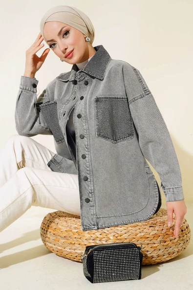 Cep ve Yaka Taş Detaylı Kot Ceket Gri ürün görseli 1