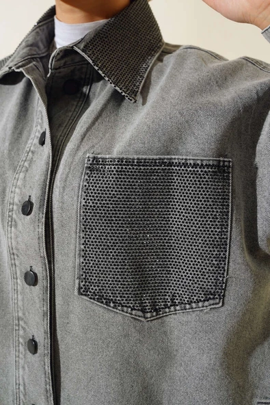 Cep ve Yaka Taş Detaylı Kot Ceket Gri - Resim 4