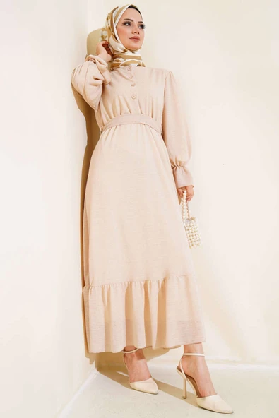 Bel Lastikli Kendinden Desenli Elbise Bej ürün görseli 1