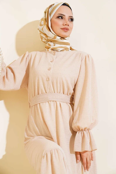 Bel Lastikli Kendinden Desenli Elbise Bej - Resim 4